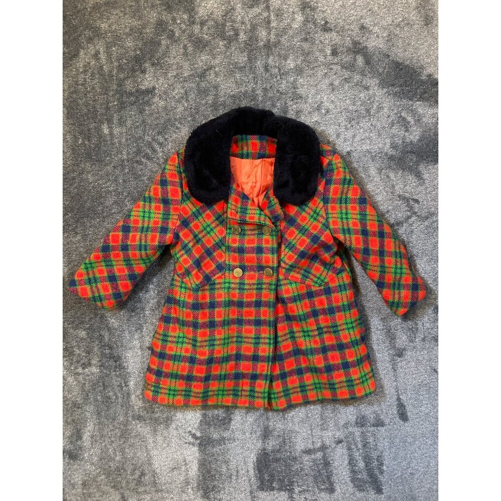 Vintage Carrcraft Toddler Wool Coat With Faux Fur Collar & Red Plaid Pattern - D